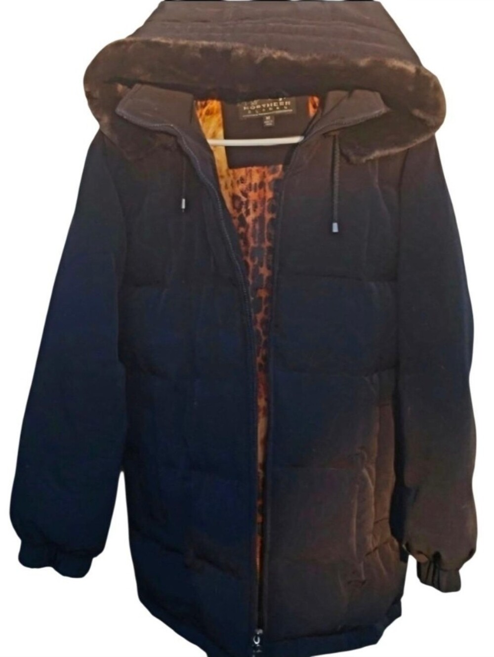 Northern Glades Down Puffer Coat Medium Black Faux Fur Hood Leopard Print